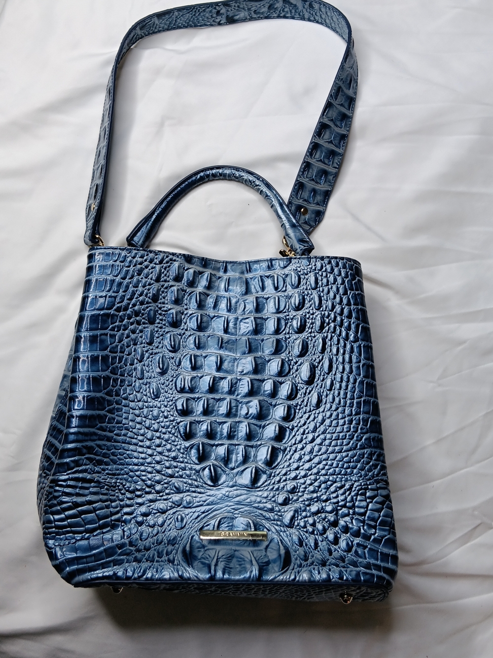 Brahmin Croc-Embossed Shoulder Tote in Deep Navy
